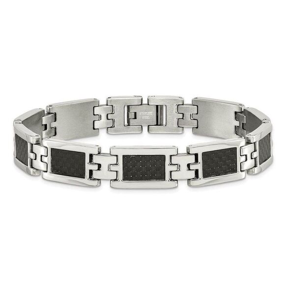 Men\'s 12mm Stainless Steel Carbon Fiber Link Bracelet, 9.25 Inch